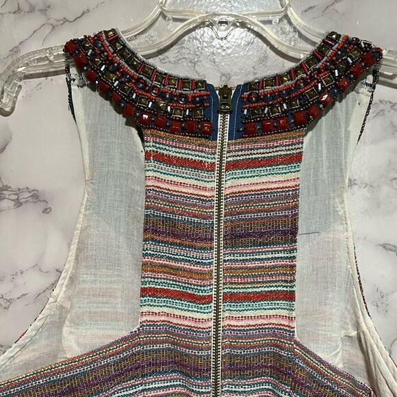 LUCKY BRAND DRESS GRECIAN BEADED COLLAR IKAT KNIT SKIRT STRIPED BODICE T BACK M - Picture 4 of 9